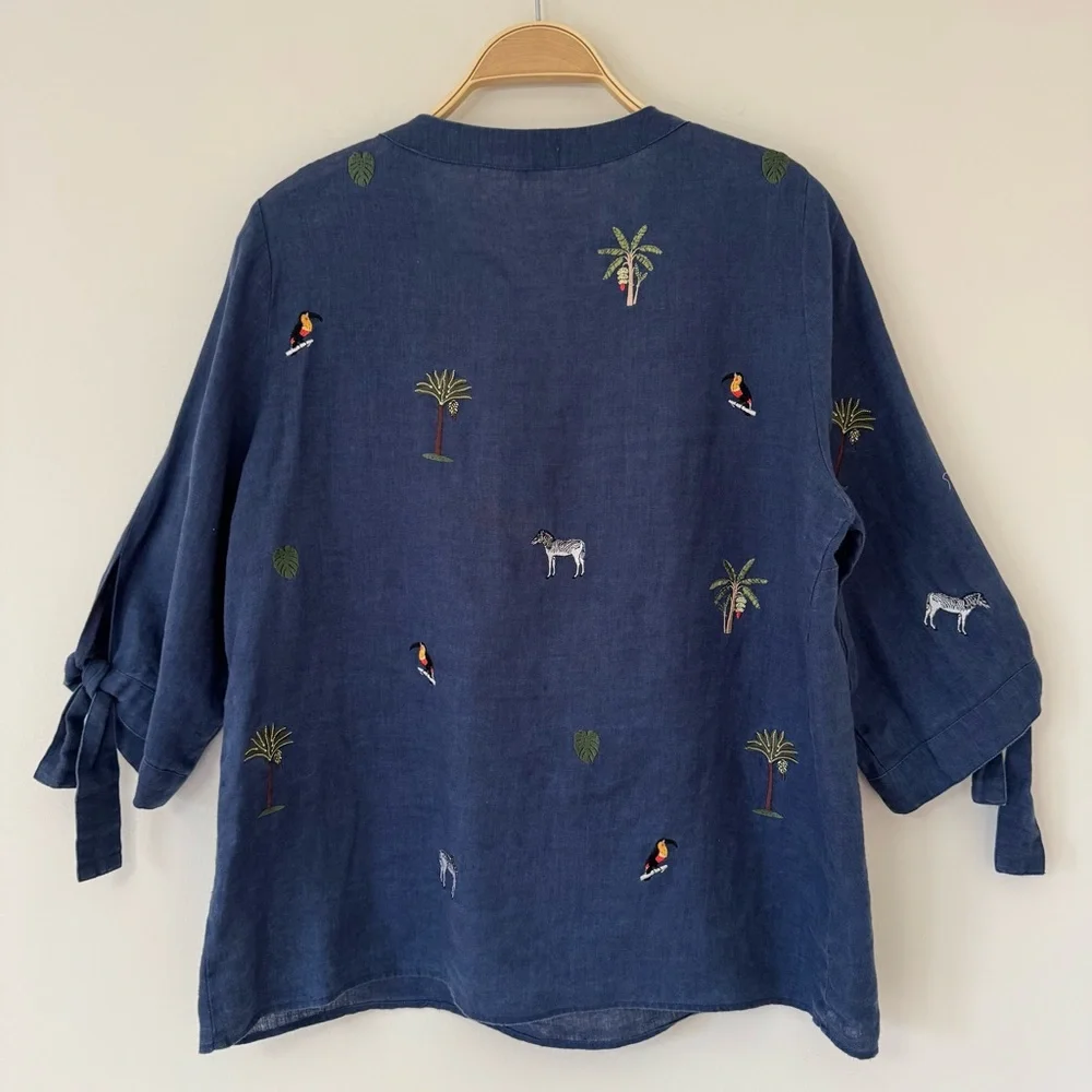 Vilagallo Navy Linen Embroidered Tropical Blouse with Toucan & Palm Motifs Sz 12 - Picture 8 of 13